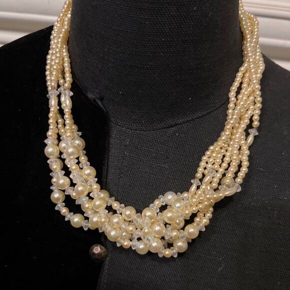 Collections Necklace Vintage 7 Multi Strand Statement Necklace Faux Pearl. - Picture 3 of 5
